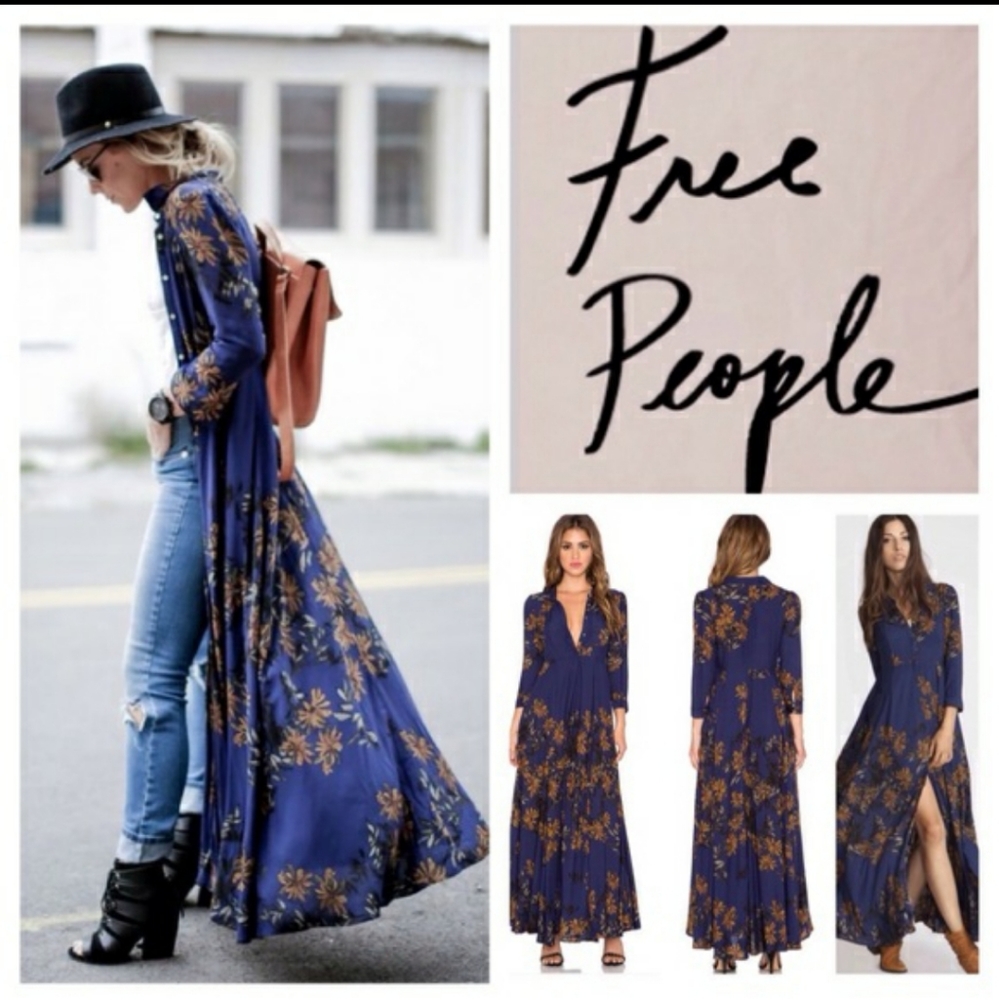 Free People Navy Blue & Mustard Floral Maxi Dress